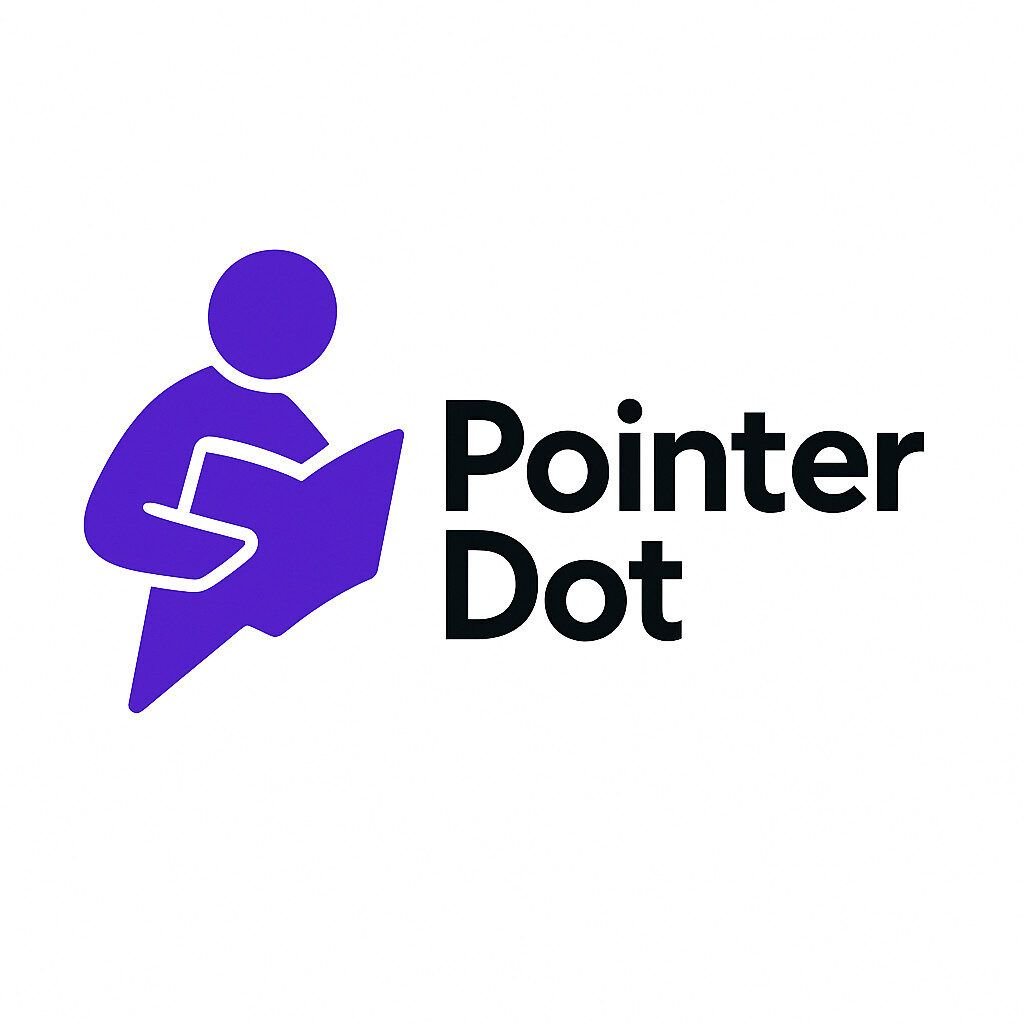 Pointer Dot logo showing a person reading a book, representing learning and digital knowledge.